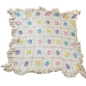Vintage Handcrafted Crochet Floral Throw Blanket For Nursery Baby Shower Gift